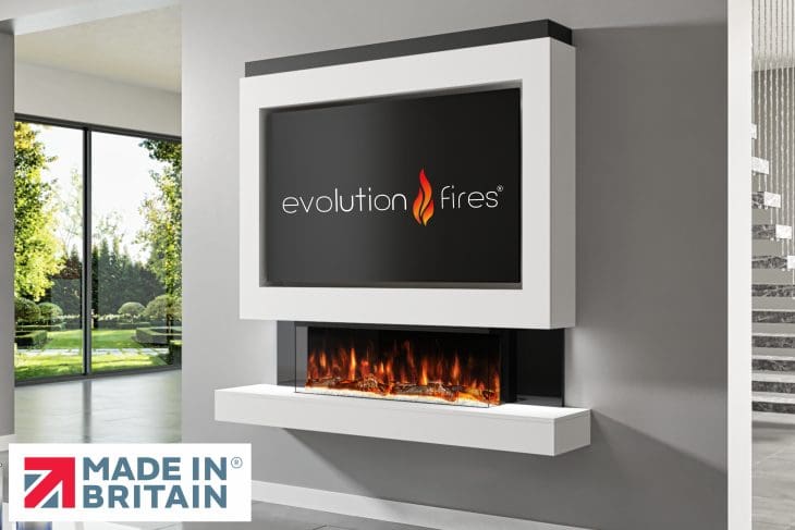 Package 1 pre-built media wall with electric fireplace – modern feature wall unit made in the UK by Evolution Fires