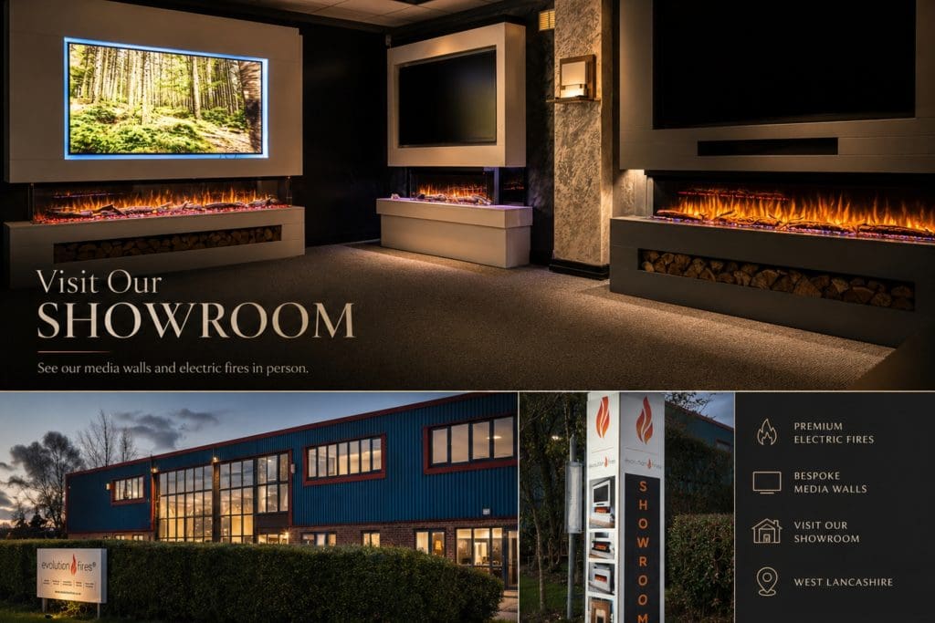 Evolution Fires supplies pre-built media walls direct from our UK factory, giving customers a safer and more reliable way to buy a ready-made media wall electric fireplace. This image highlights UK manufacturing, direct-from-manufacturer supply and specialist delivery, helping customers understand that their media wall is handled with care from production through to home delivery. A strong trust-building image for customers who want a pre-built media wall made in Britain, delivered safely and supplied directly by a specialist manufacturer.