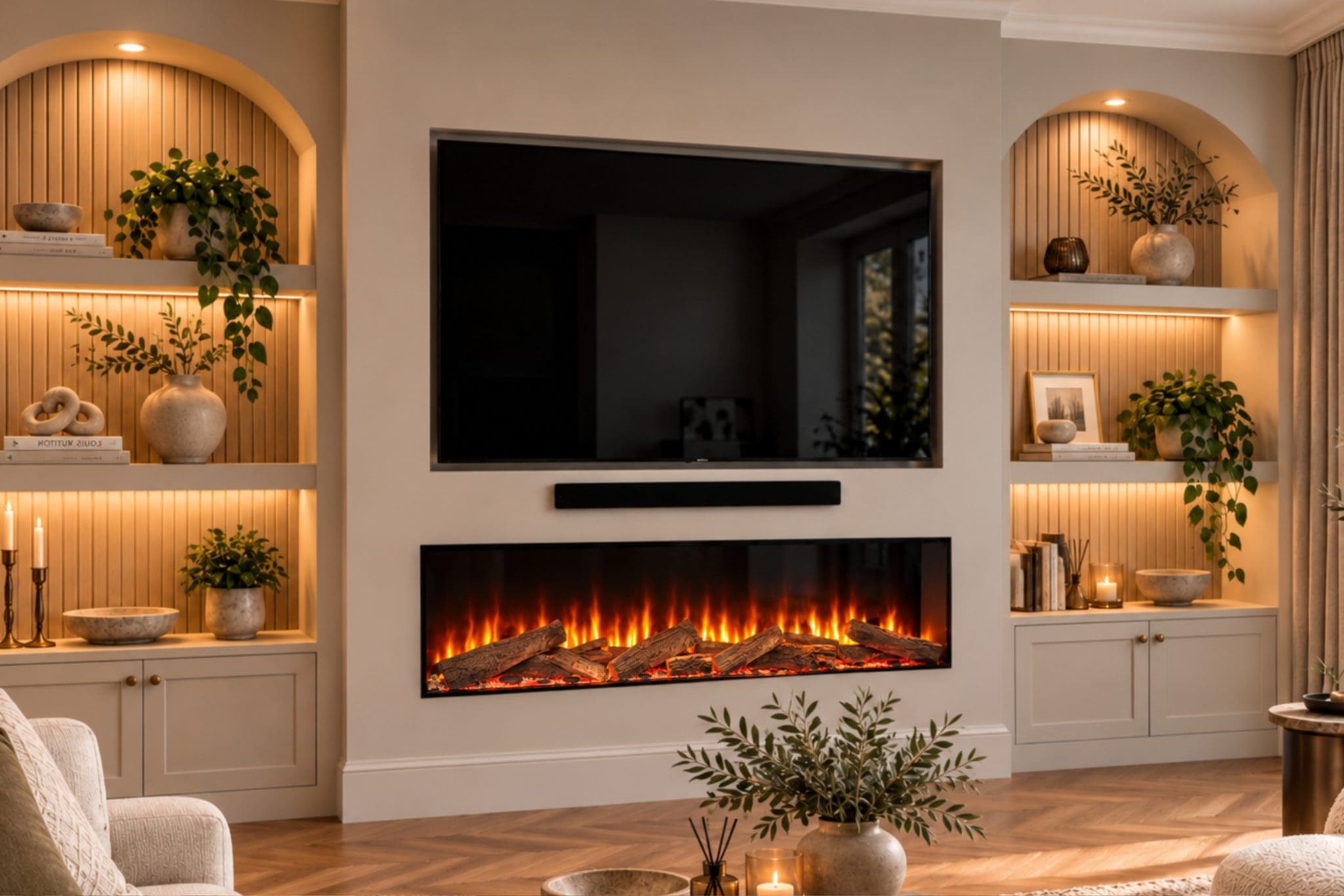 Advance Series 1500 built-in electric fireplace shown in a modern media wall with woodland logs, realistic flame effect from Evolution Fires.