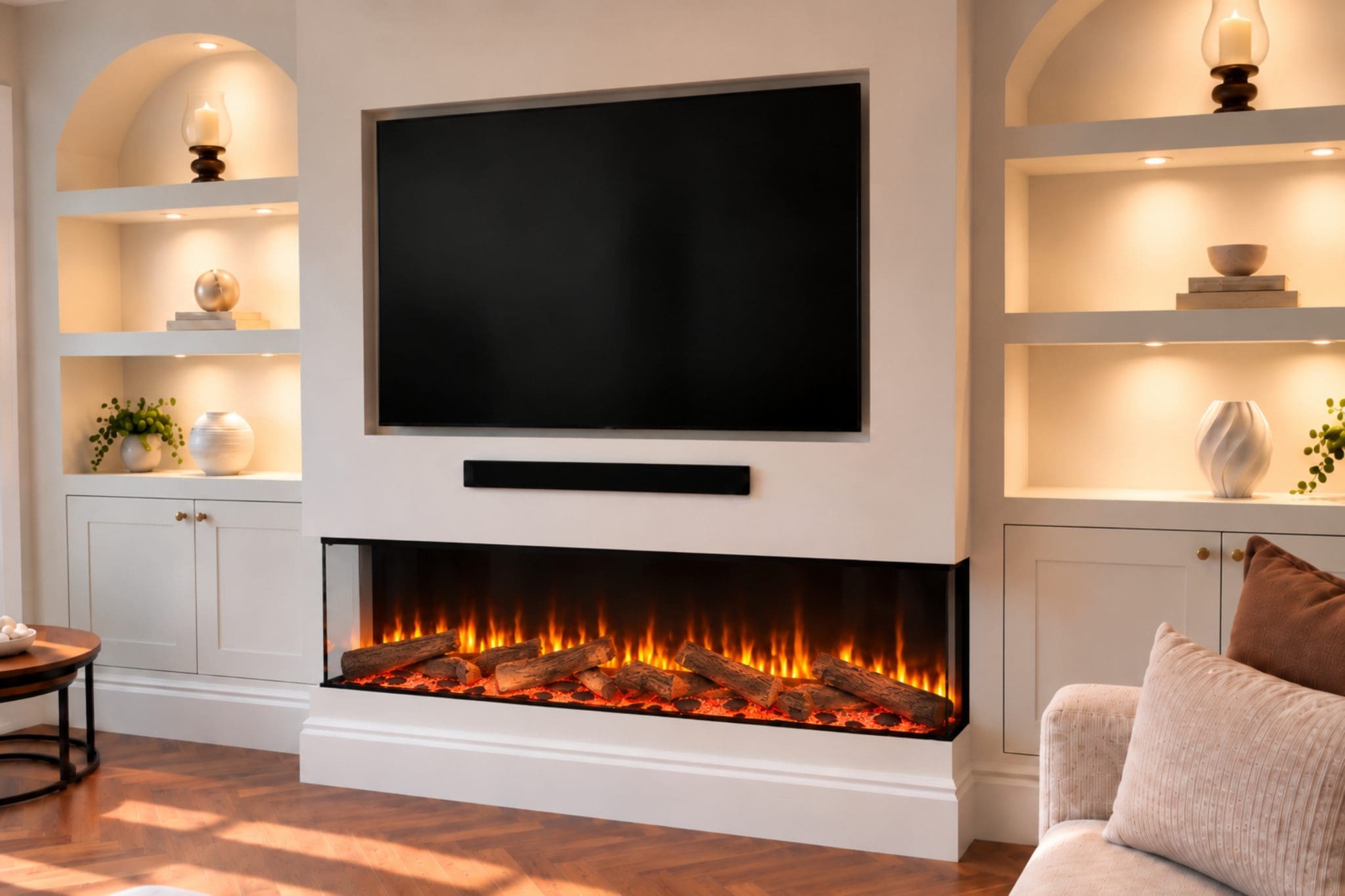 Advance Series 1500 3-Sided Electric Fireplace for Media Walls - Media wall electric fireplace with panoramic flames, flexible installation and log set options. - Image 2