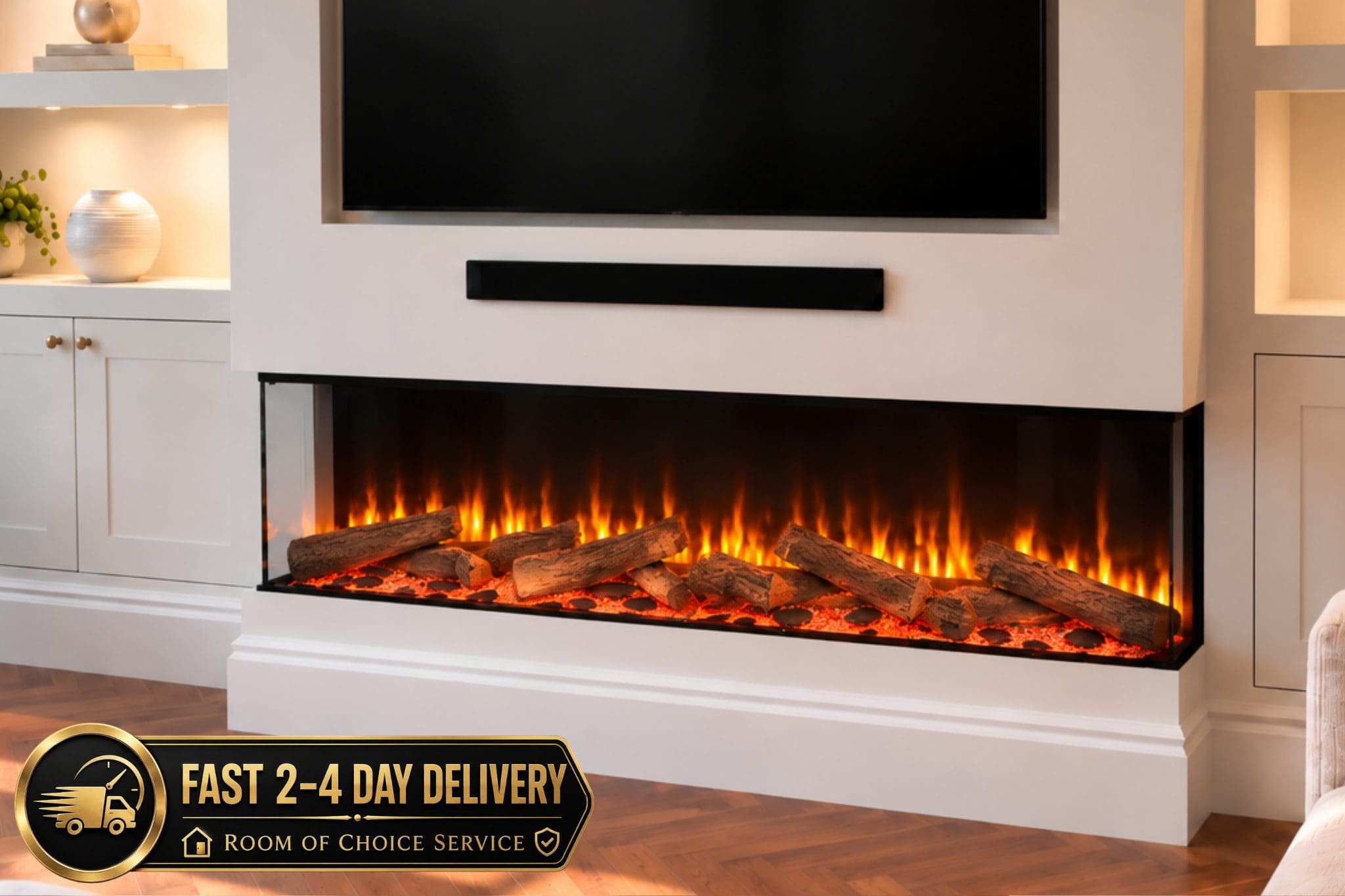 Advance Series 1500 built-in electric fireplace shown in a modern media wall with woodland logs, realistic flame effect from Evolution Fires.