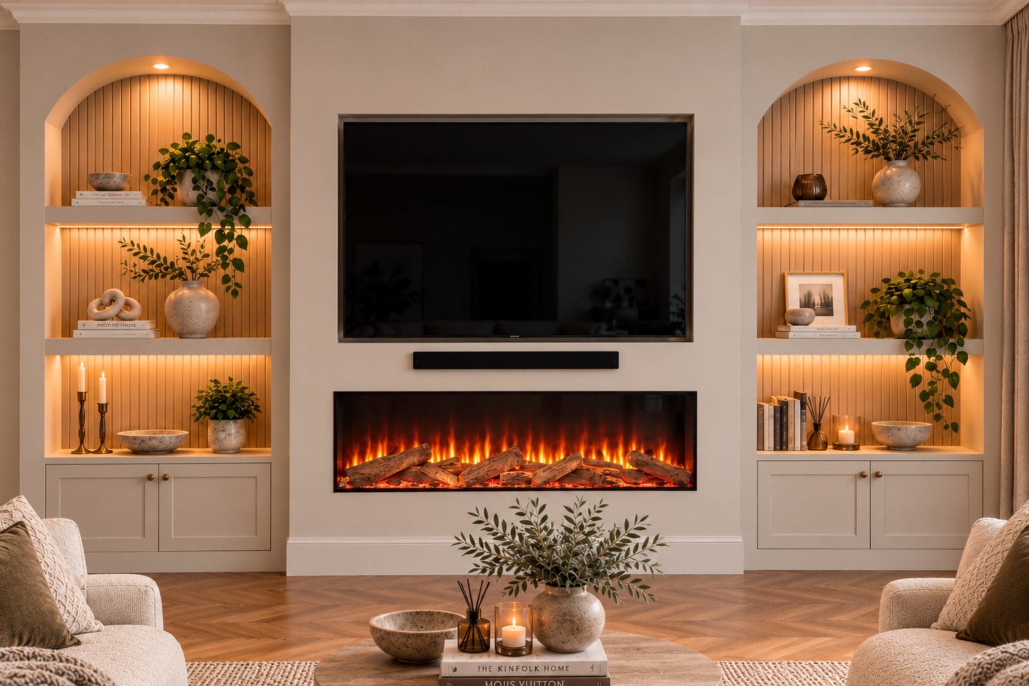 Advance Series 1500 built-in electric fireplace shown in a modern media wall with woodland logs, realistic flame effect from Evolution Fires.