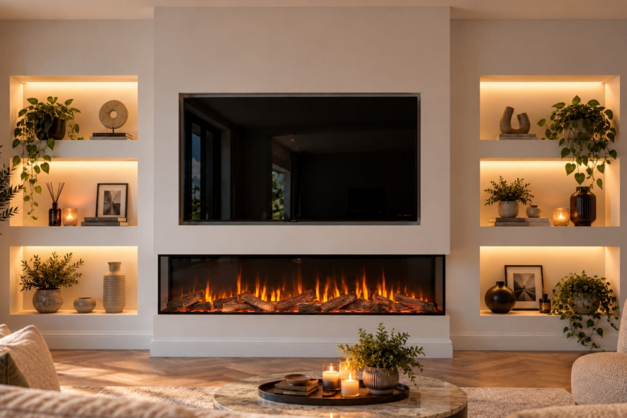 Advance Series 1800 built-in electric fireplace shown in a modern slatted media wall with woodland logs, realistic flames and TV recess from Evolution Fires.