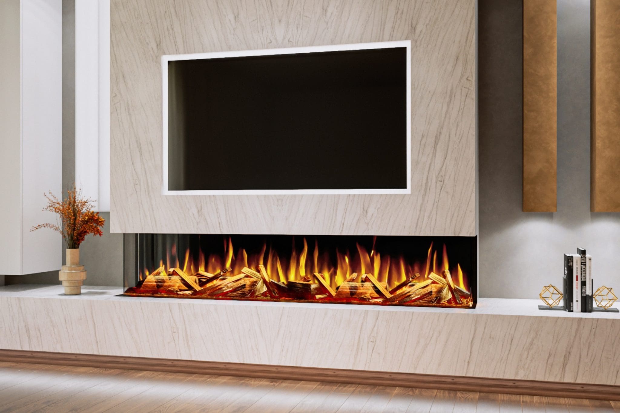 Advance Series 2000 built-in electric fireplace shown in a luxury media wall with real log effect, realistic flames and TV recess from Evolution Fires.