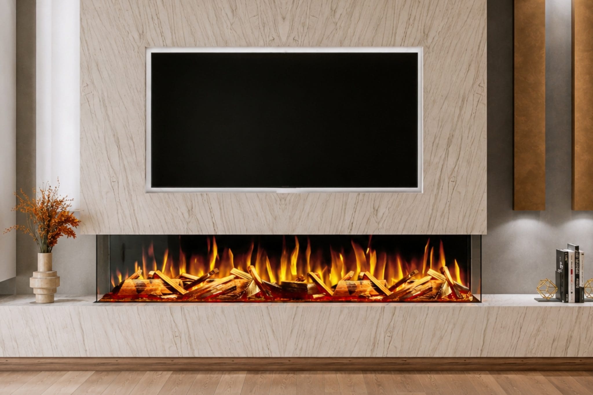 Advance Series 2000 built-in electric fireplace shown straight-on in a luxury media wall with woodland logs, realistic flames and TV recess from Evolution Fires.
