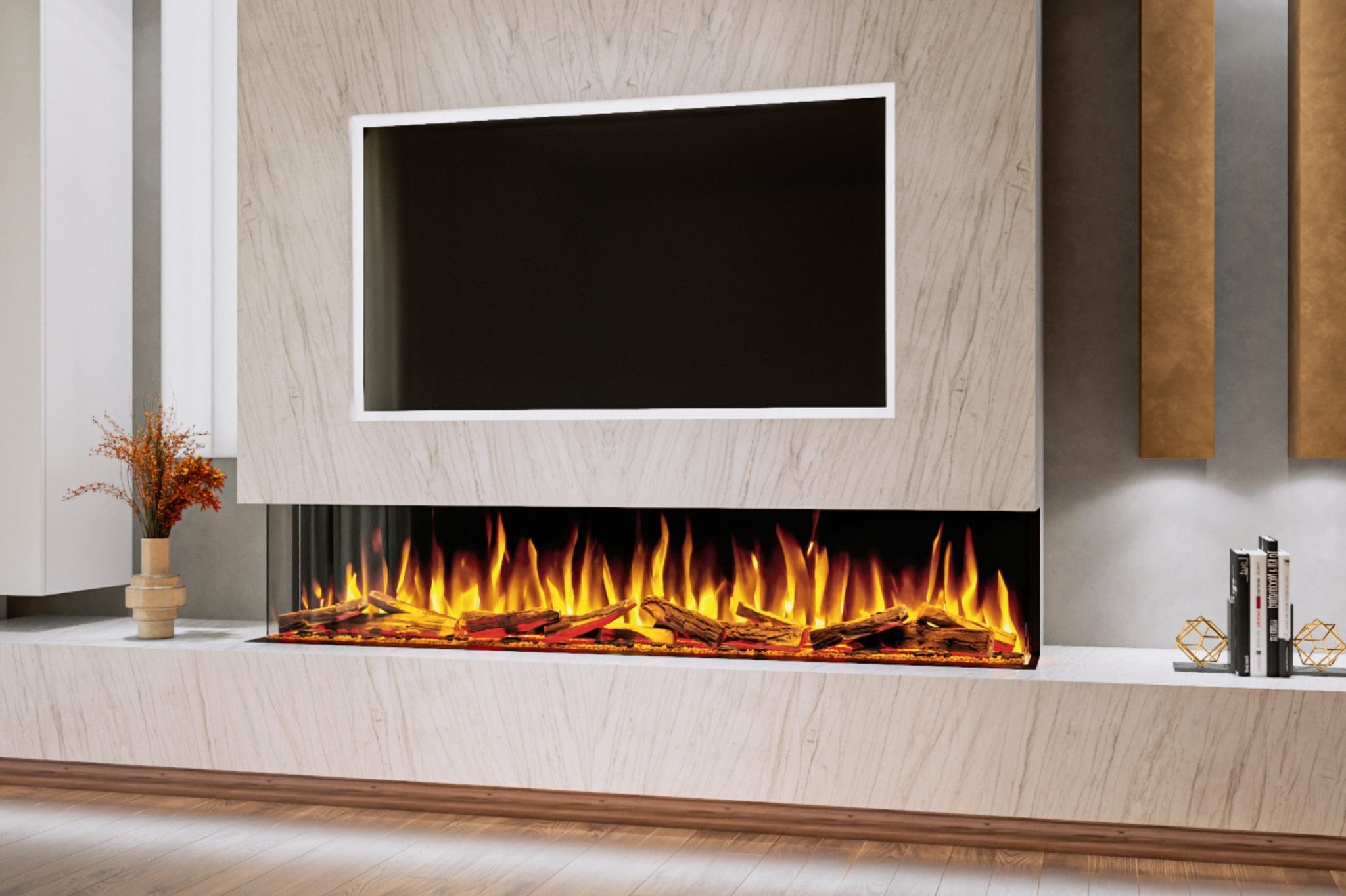 Advance Series 2000 built-in electric fireplace shown in a luxury media wall with woodland logs, realistic flames and TV recess from Evolution Fires.