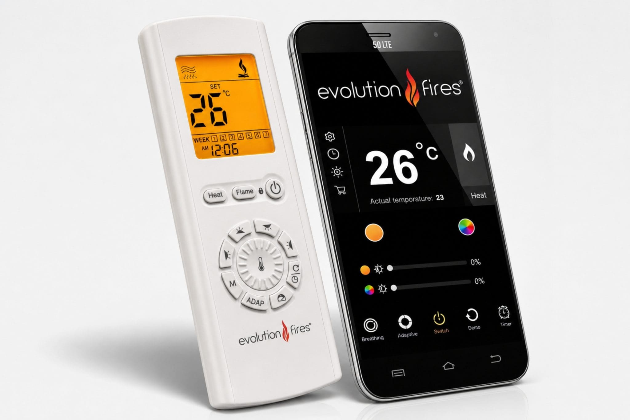This Advance Series Features guide from Evolution Fires gives customers a clear overview of the premium controls and effects built into every Advance Series electric fireplace. The guide highlights the panoramic HD flame effect, remote control, 1kW to 2kW heat setting, 15 flame colours, 17 fuel bed colours, 17 canopy light colours, Alexa compatibility, flame brightness settings, temperature control, 7 day timer, Woodland log set, small crystals, vermiculite and app control. A useful product image for customers who want to compare the Advance Series features and understand the flame, lighting, heating and smart control options before choosing their media wall electric fireplace.