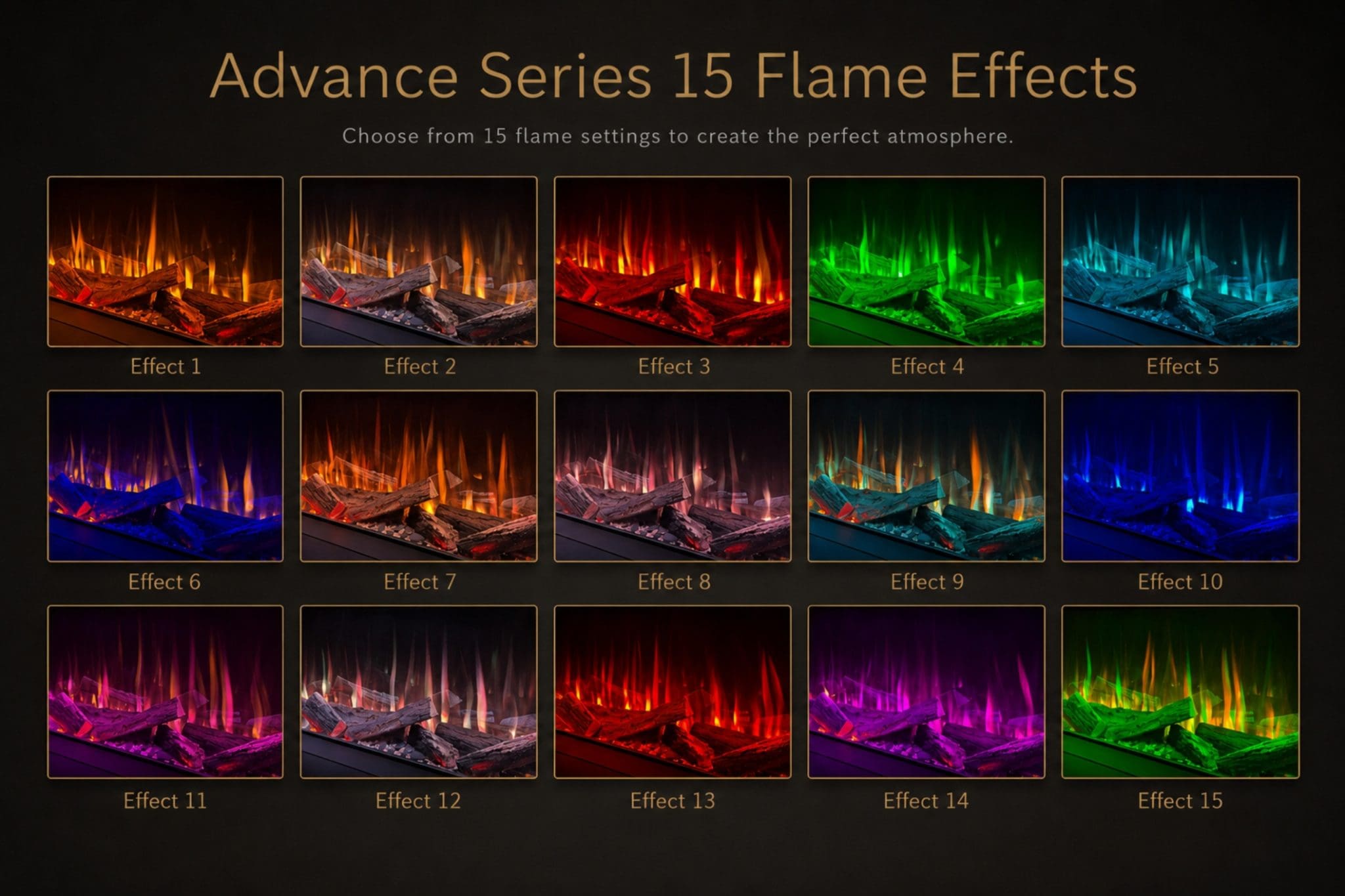 Advance Series 15 Flame Effects guide showing 15 electric fireplace flame settings with different colour effects from Evolution Fires.