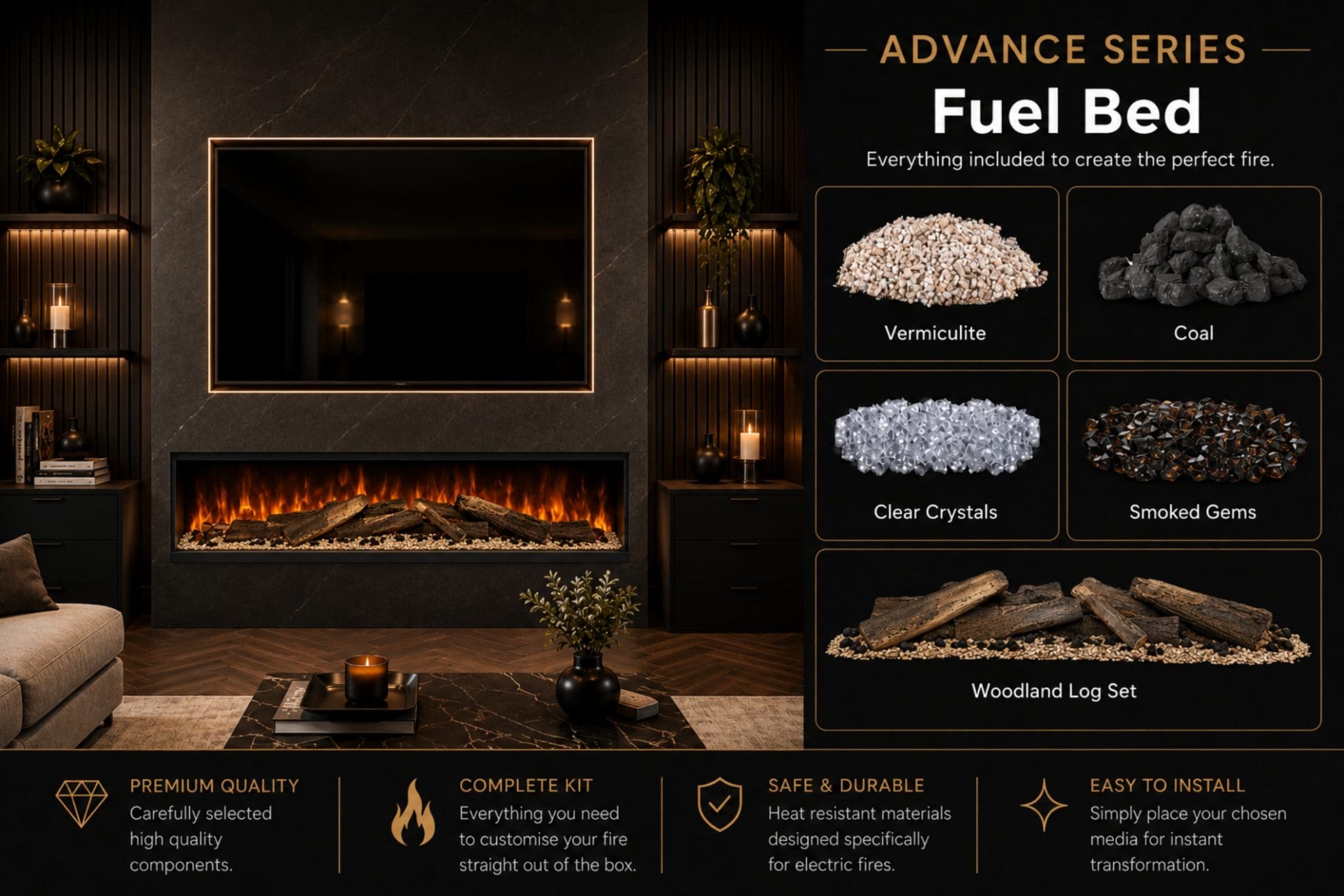 Advance Series Fuel Bed guide showing vermiculite, coal, clear crystals, smoked gems and Woodland log set for Evolution Fires electric fireplaces.