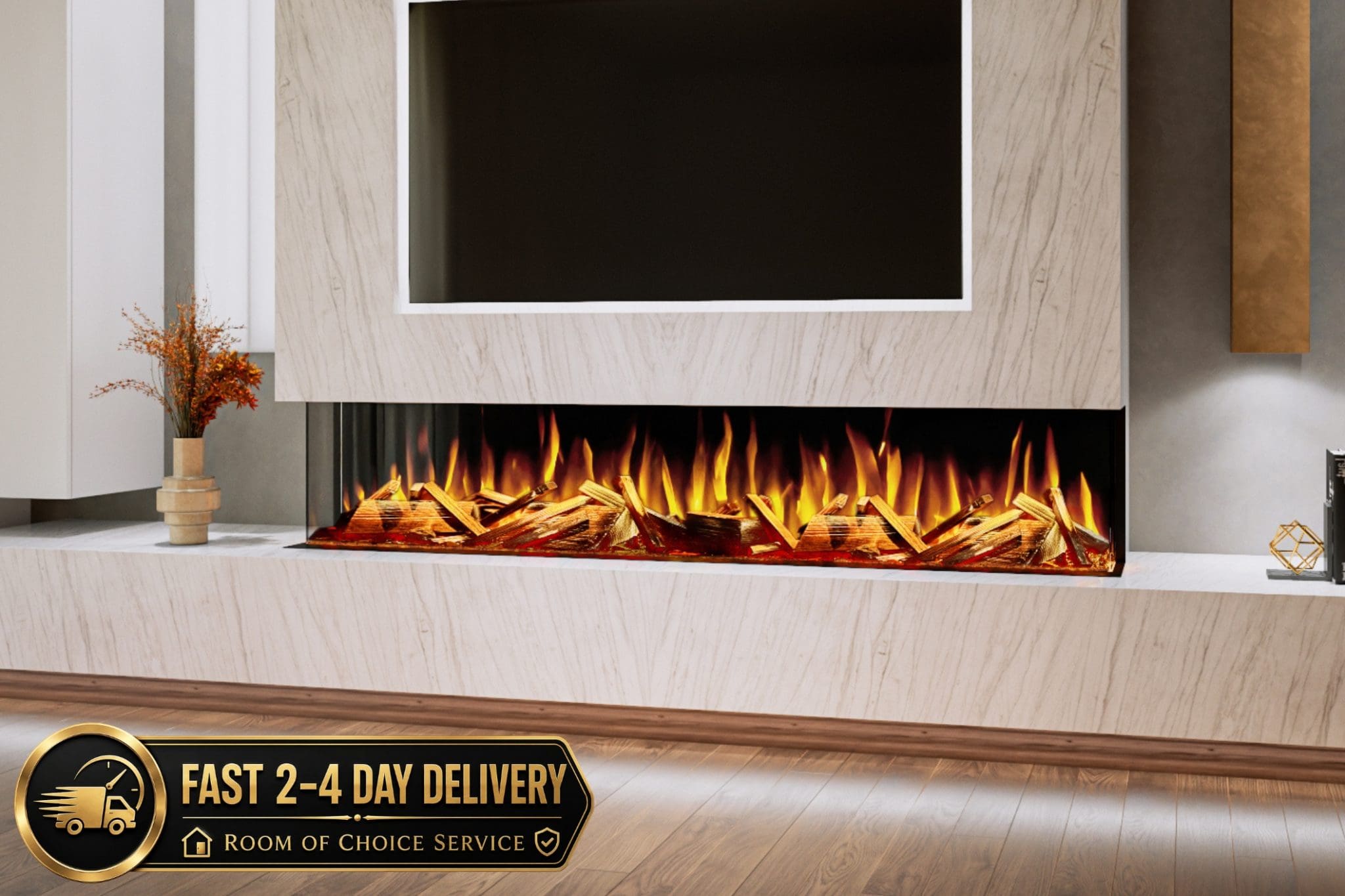 Advance Series 2000 built-in electric fireplace shown in a luxury media wall with real log effect, realistic flames and fast 2 to 4 day delivery from Evolution Fires.