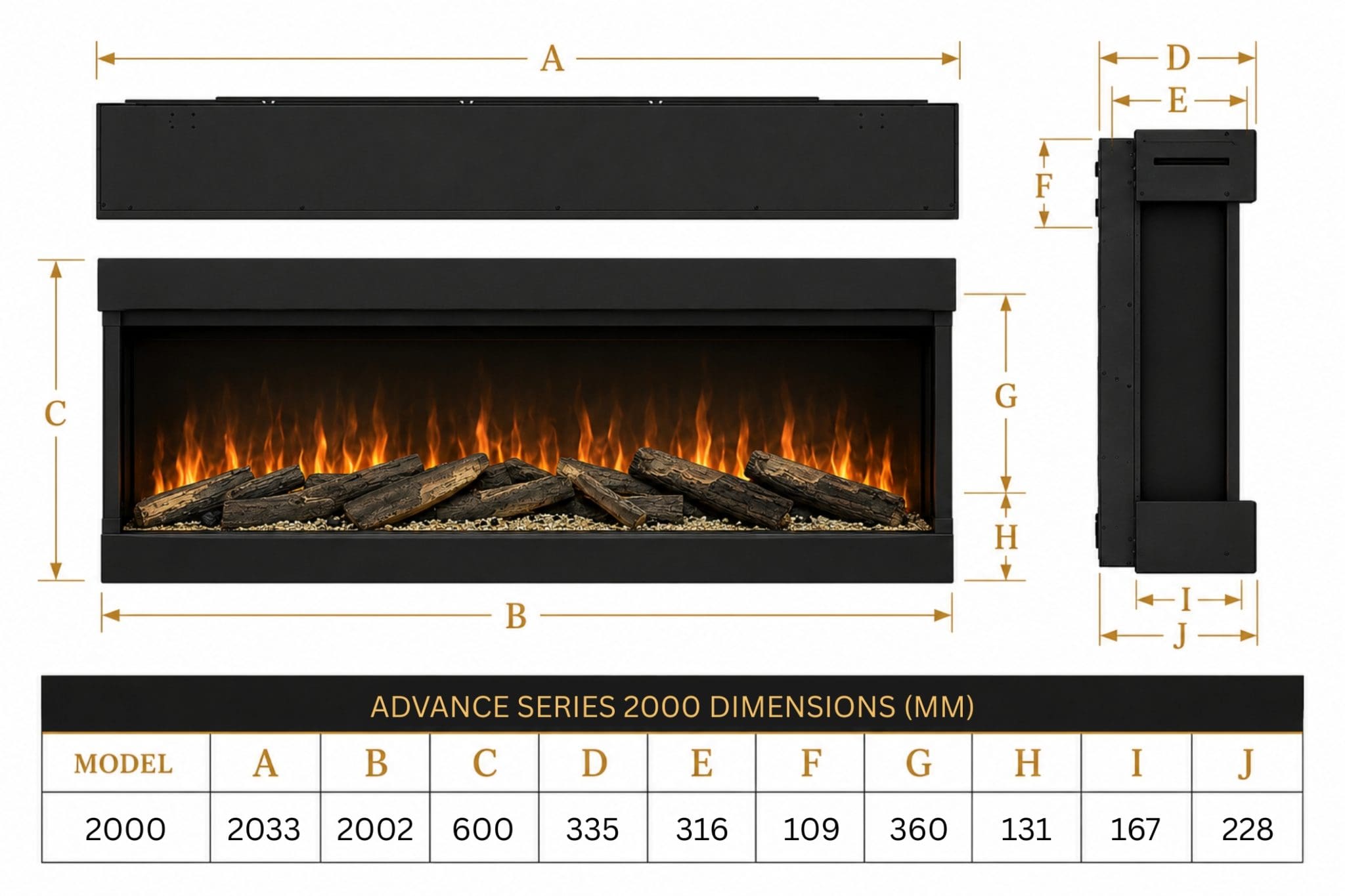 Advance Series 2000 dimensions guide showing front, top and side measurements for the 2000 built-in electric fireplace from Evolution Fires.
