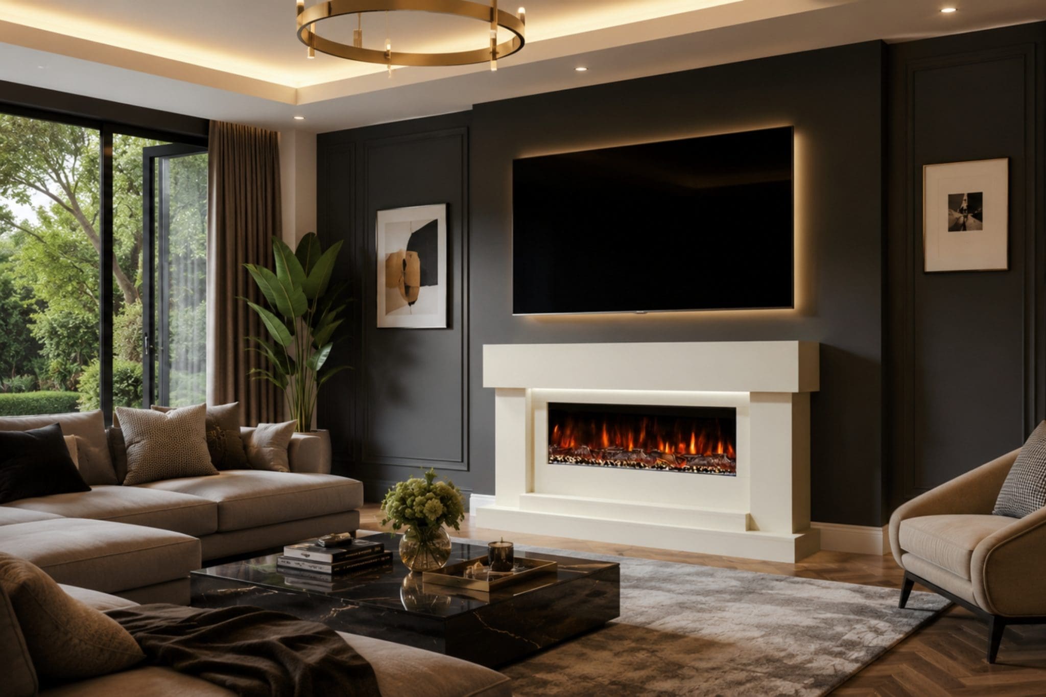 Neon cream electric fireplace suite with built-in fire, LED lighting and luxury modern living room setting.