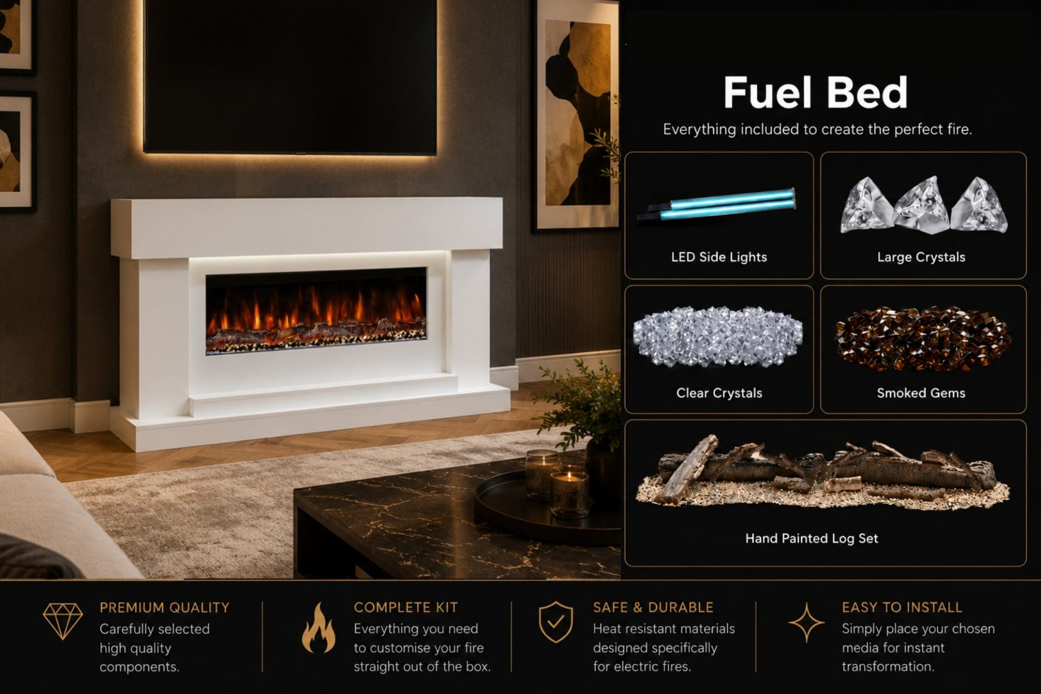 Neon electric fireplace suite fuel bed kit with LED side lights, crystals, smoked gems and hand painted log set.