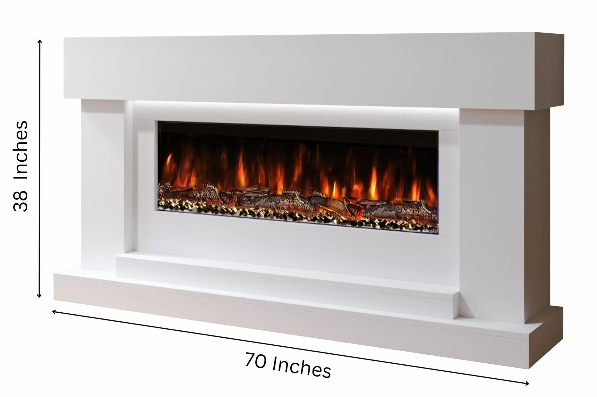 Neon white electric fireplace suite with realistic flame effect, LED lighting and a clean modern surround for a luxury living room finish.