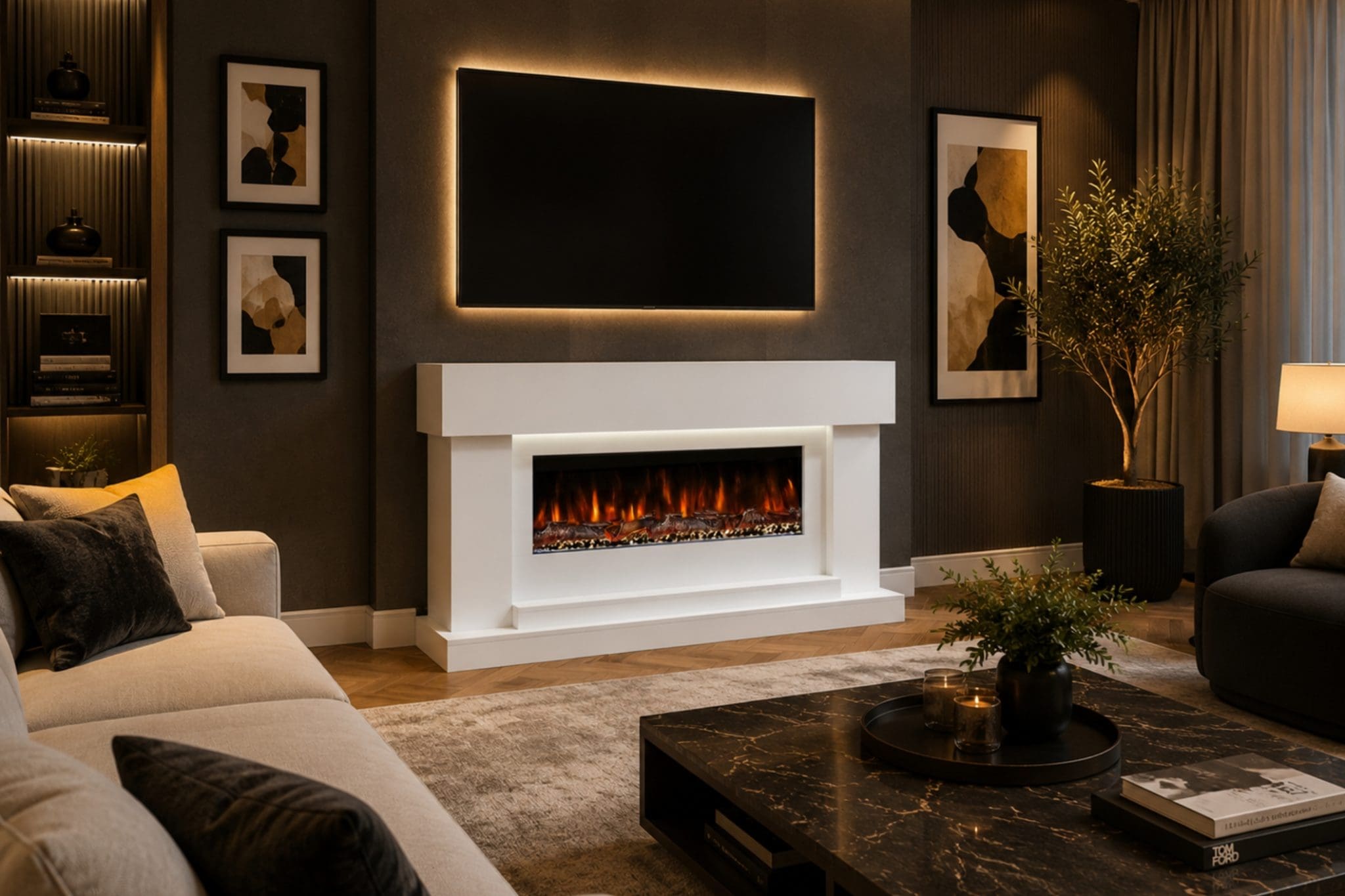This image shows the Neon electric fireplace suite in a grey finish, styled in a modern luxury living room with a wall mounted TV above. The suite features a clean grey surround, realistic electric flame effect, built-in LED lighting and a premium contemporary design that creates a stylish focal point for the room. Use this image on the Neon product page, WooCommerce gallery or Meta catalogue to show the grey fireplace suite in a real home setting and help customers visualise the finished look.