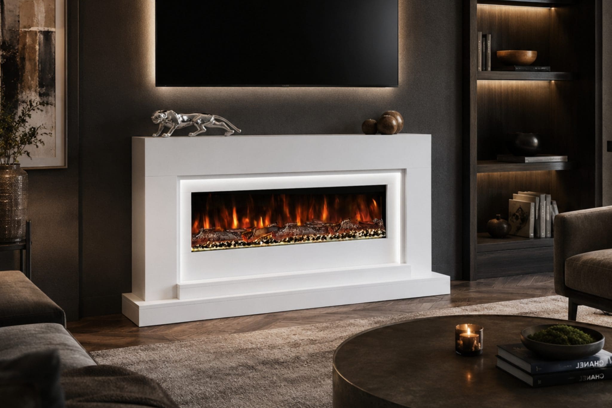 Nivarna White electric fireplace suite room view with wide flame display, realistic log bed, LED surround lighting and TV above.