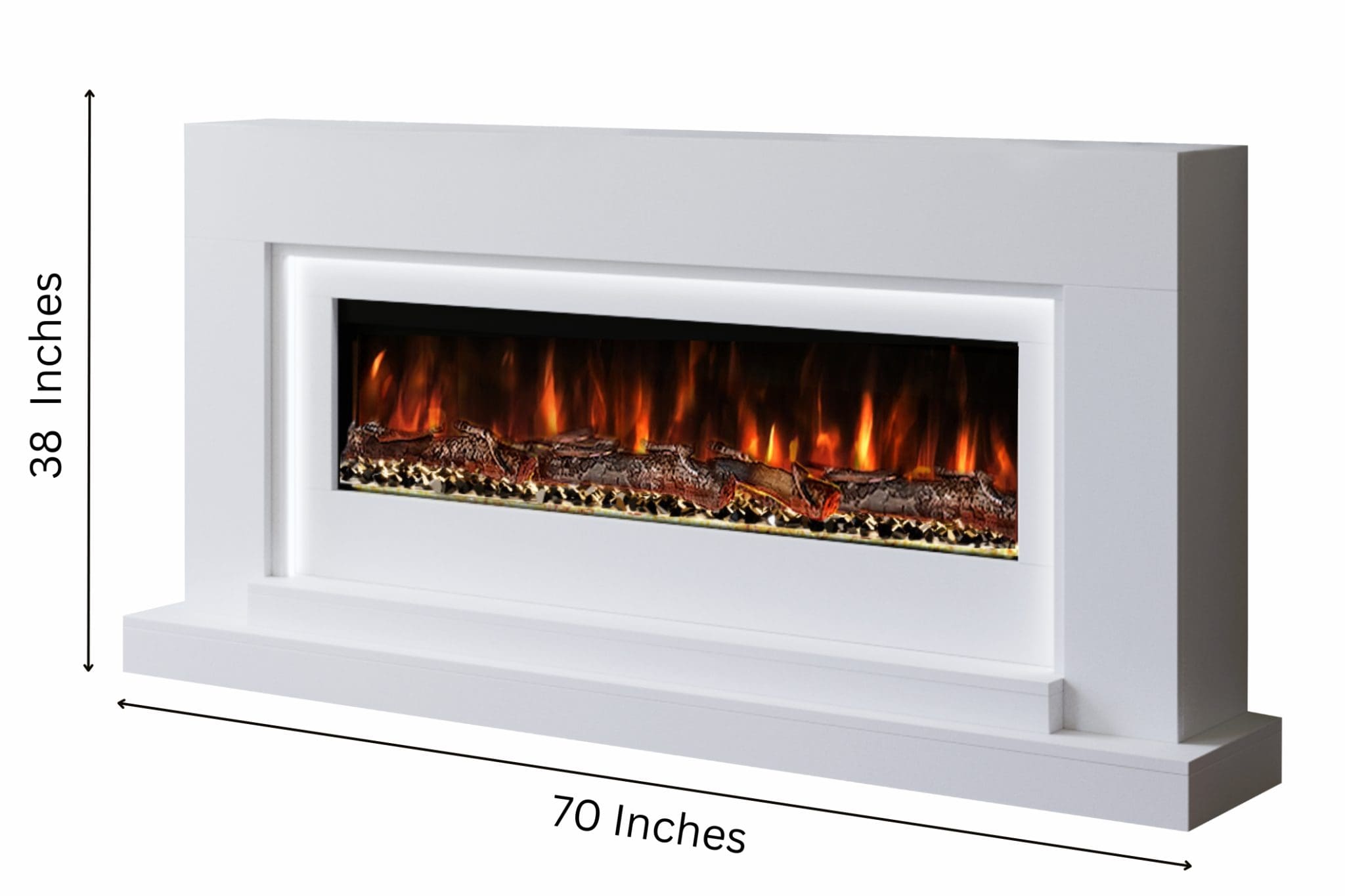 Nivarna 70 inch White electric fireplace suite size guide showing 38 inch height, wide flame display and realistic log bed.