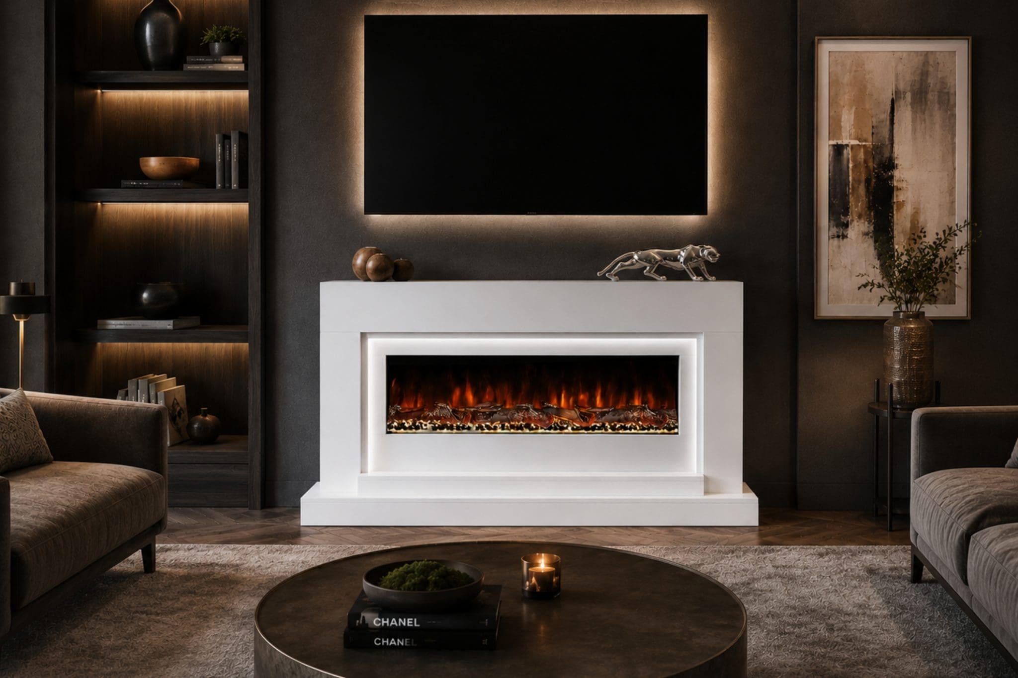 Nivarna White electric fireplace suite straight-on room view with wide flame display, realistic log bed and TV above.