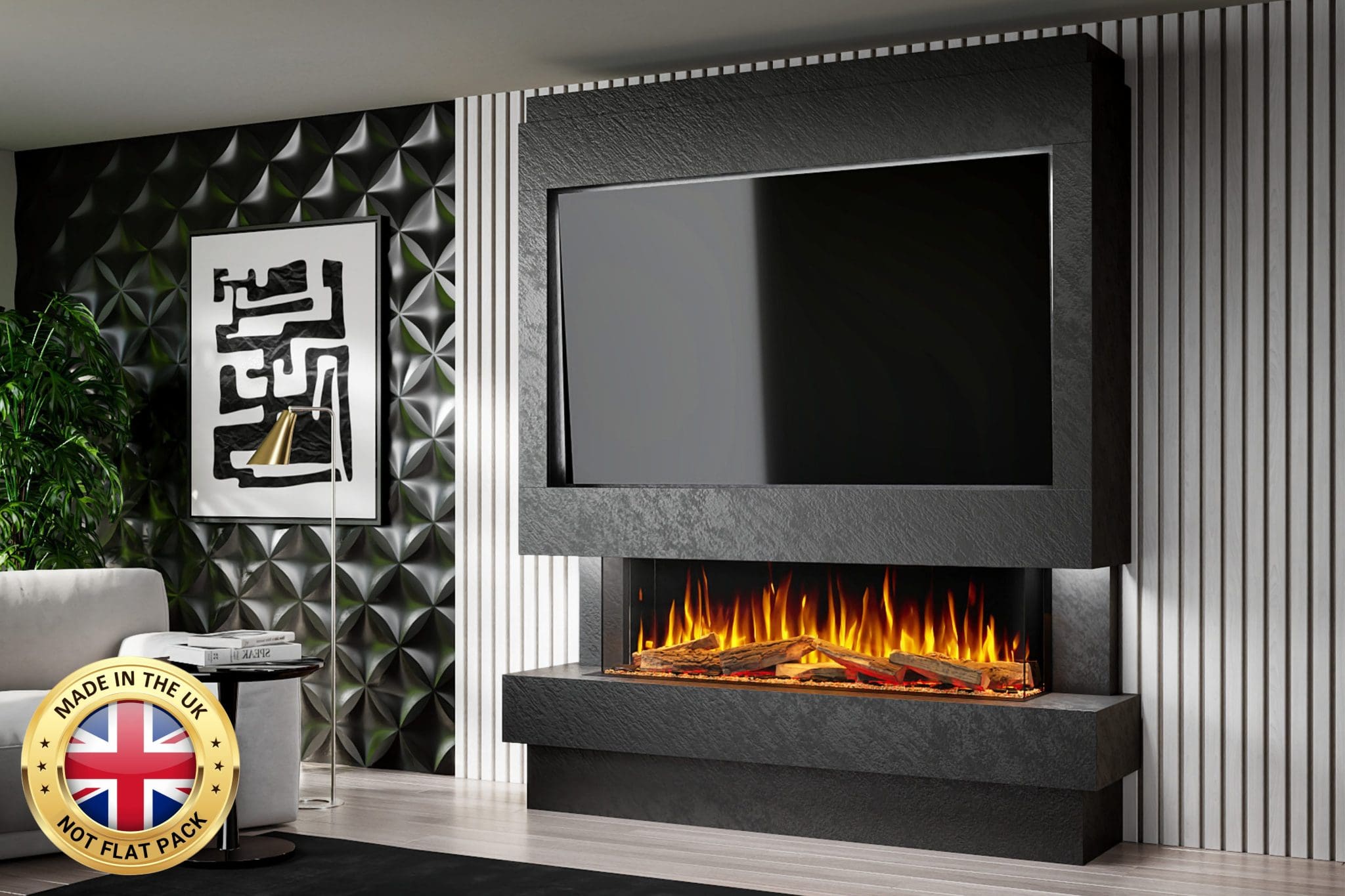 Electric fireplace with shop built in soundbar