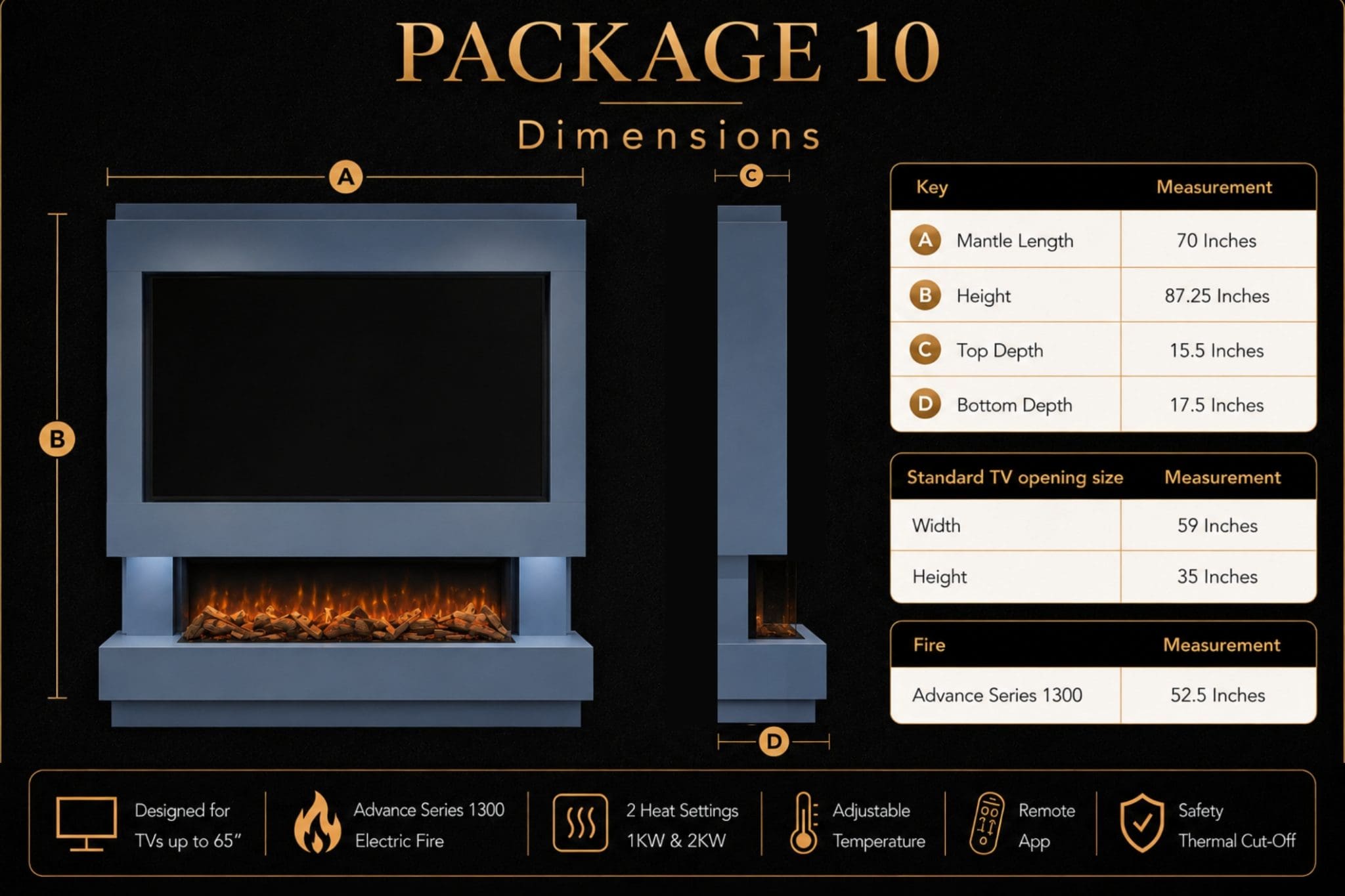 Package 10 media wall dimensions guide showing mantle length, height, TV opening, top depth, bottom depth and Advance Series 1300 electric fireplace from Evolution Fires.