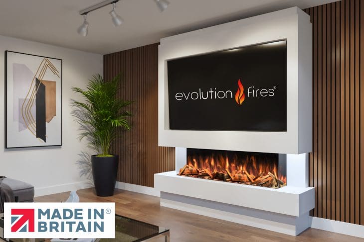 Package 10 pre-built media wall with electric fireplace – modern feature wall unit made in the UK by Evolution Fires
