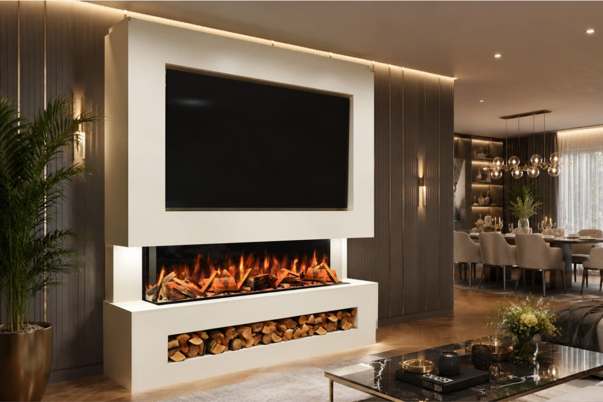 Package 11 Cream pre-built media wall with integrated electric fireplace, TV recess and log storage from Evolution Fires.