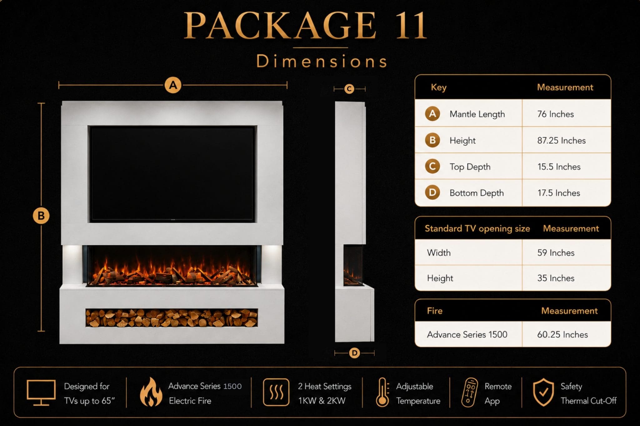 Package 11 media wall dimensions guide showing mantle length, height, TV opening, top depth, bottom depth, log storage and Advance Series 1500 electric fireplace from Evolution Fires.