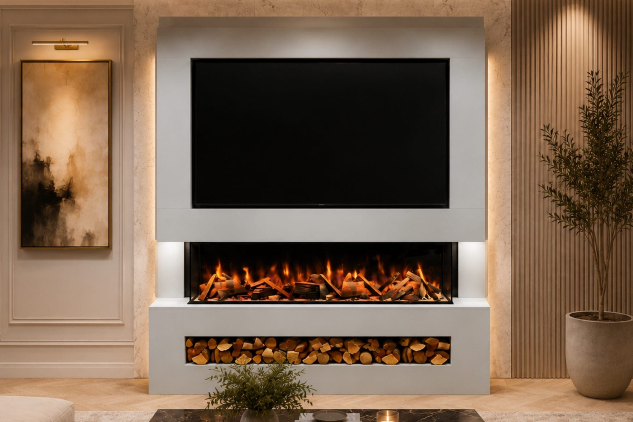 Package 11 White pre-built media wall with Advance Series 1500 electric fireplace, TV recess and lower log storage from Evolution Fires.