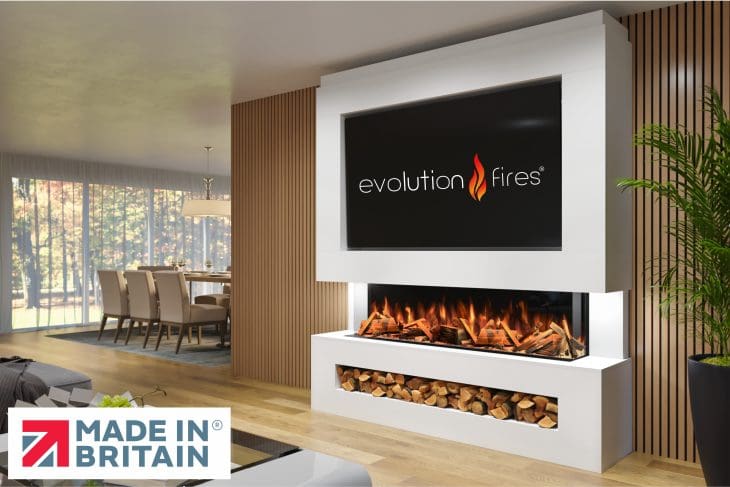 Package 11 pre-built media wall with electric fireplace – modern feature wall unit made in the UK by Evolution Fires