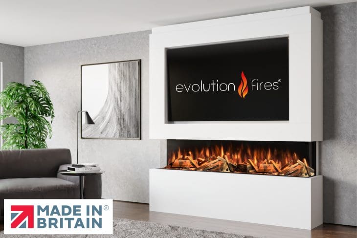 Package 12 pre-built media wall with electric fireplace – modern feature wall unit made in the UK by Evolution Fires
