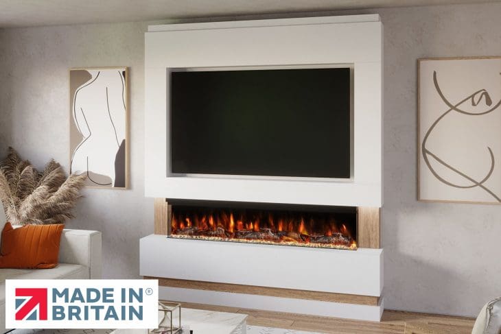 Package 14 pre-built media wall with electric fireplace – modern feature wall unit made in the UK by Evolution Fires