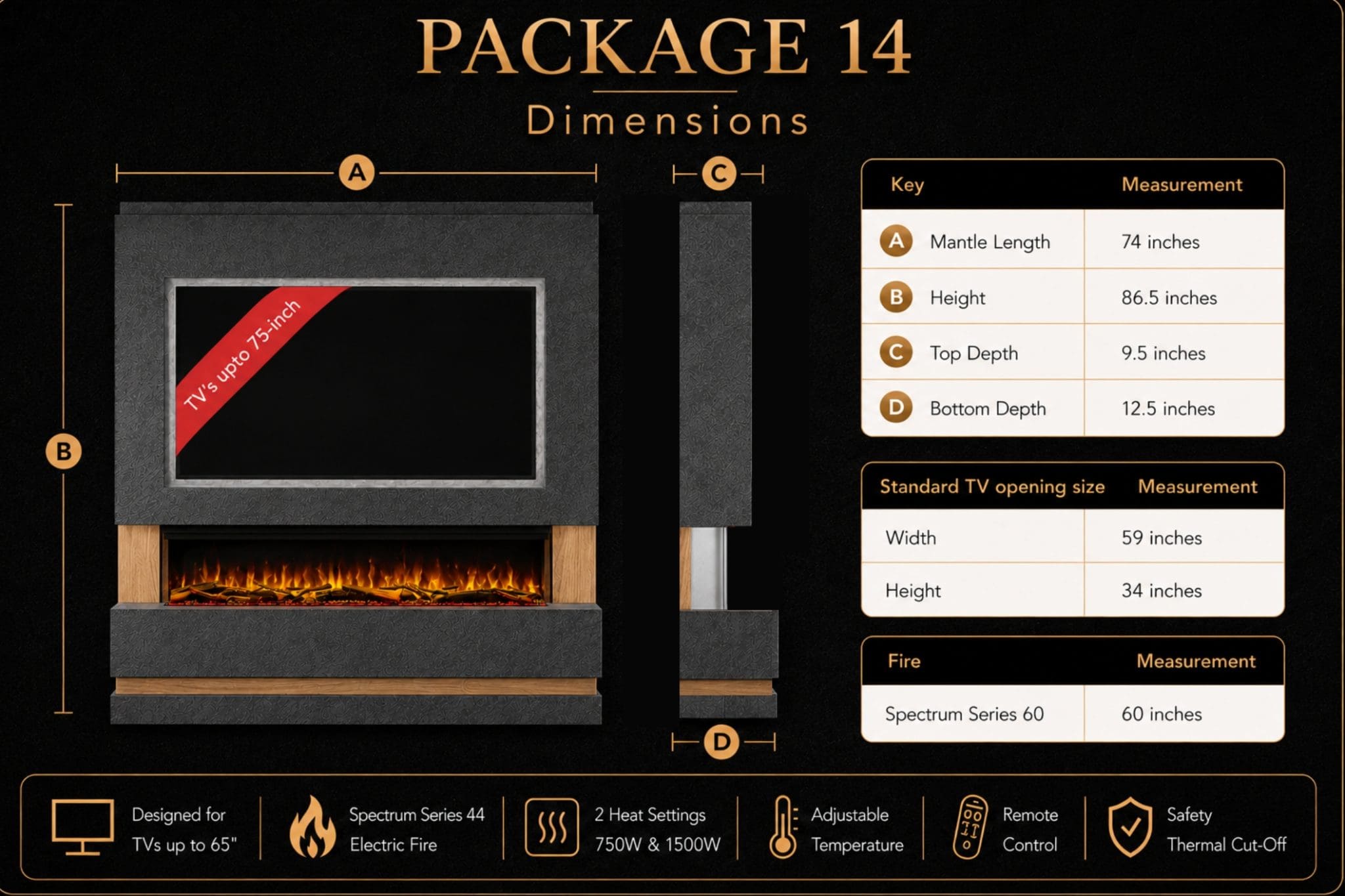 Package 14 media wall dimensions guide showing mantle length, height, TV opening, depth, Spectrum Series 60 inch electric fireplace and oak accent details from Evolution Fires.