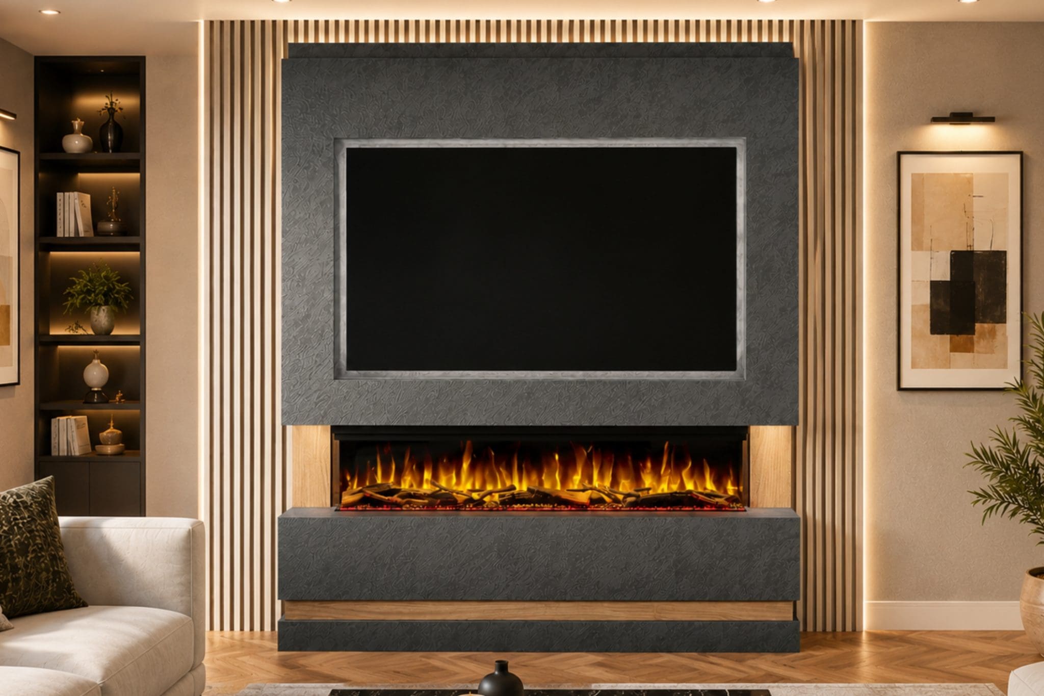 Package 14 Grey and Oak pre-built media wall with 60 inch integrated electric fireplace and TV recess from Evolution Fires.