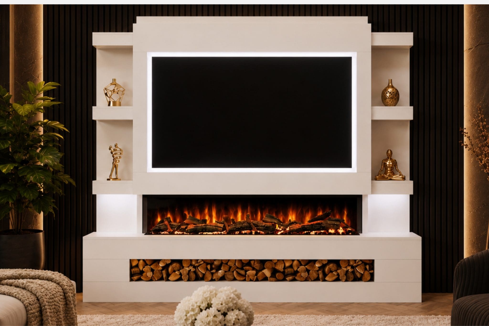 Package 15 White pre-built media wall with 60 inch integrated electric fireplace, TV recess, side shelves and log storage from Evolution Fires.