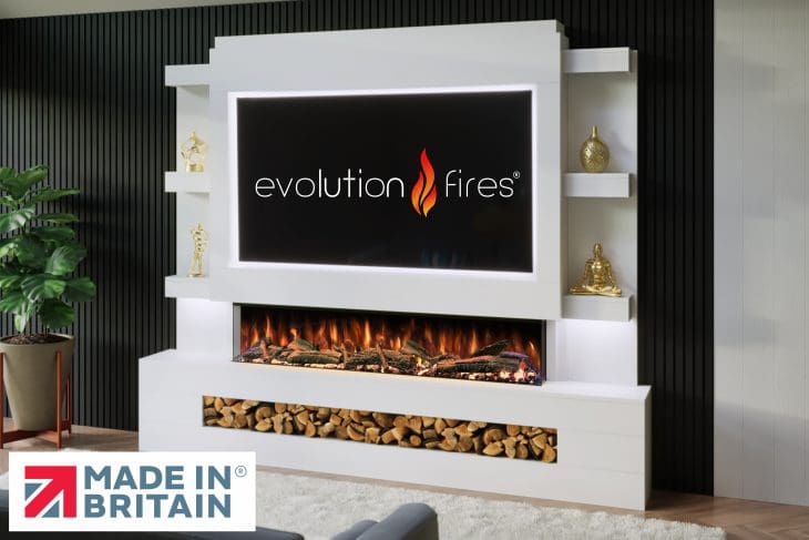 Package 16 pre-built media wall with electric fireplace – modern feature wall unit made in the UK by Evolution Fires