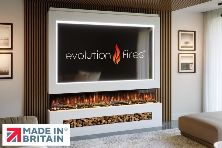 Package 16 pre-built media wall with electric fireplace – modern feature wall unit made in the UK by Evolution Fires