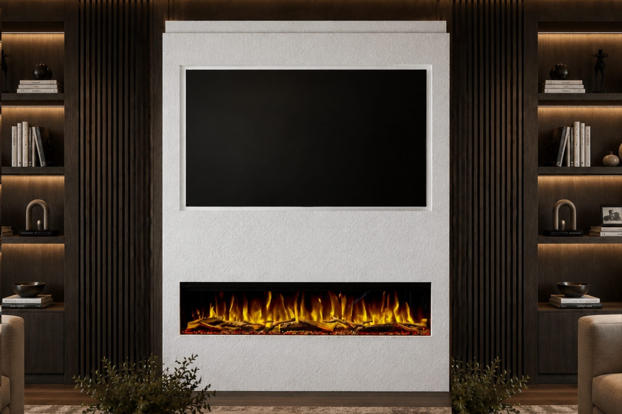 Package 17 White Textured pre-built media wall with 60 inch integrated electric fireplace and TV recess from Evolution Fires.