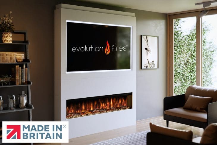 Package 17 pre-built media wall with electric fireplace – modern feature wall unit made in the UK by Evolution Fires