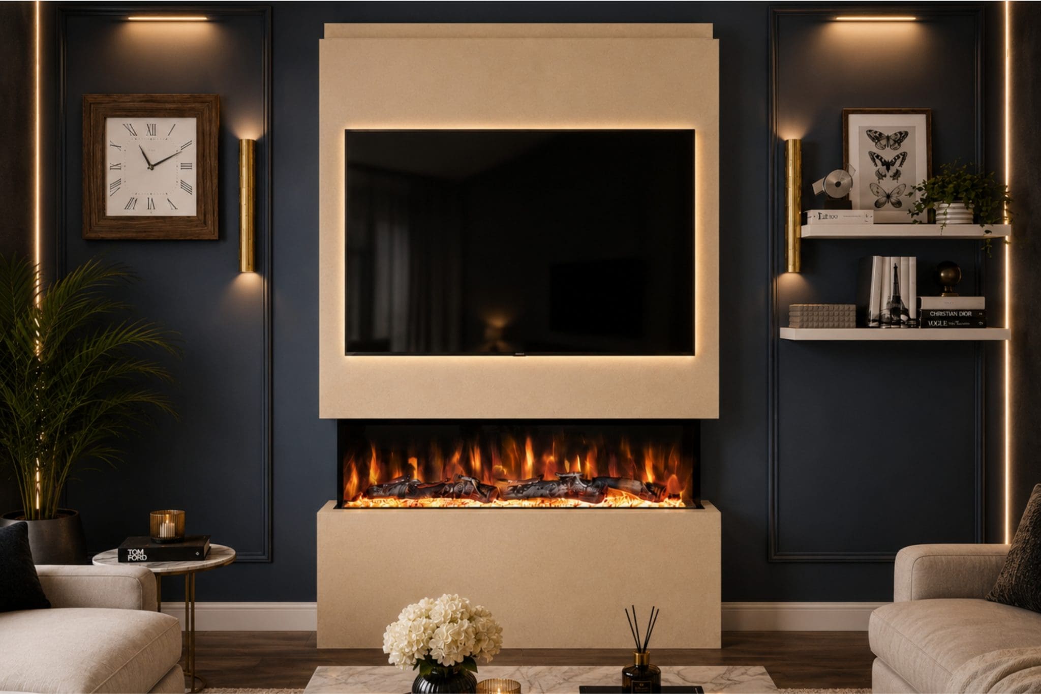 Package 18 Paint Ready pre-built media wall with 44 inch integrated electric fireplace and wall-mounted TV space from Evolution Fires.