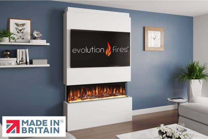Package 18 pre-built media wall with electric fireplace – modern feature wall unit made in the UK by Evolution Fires