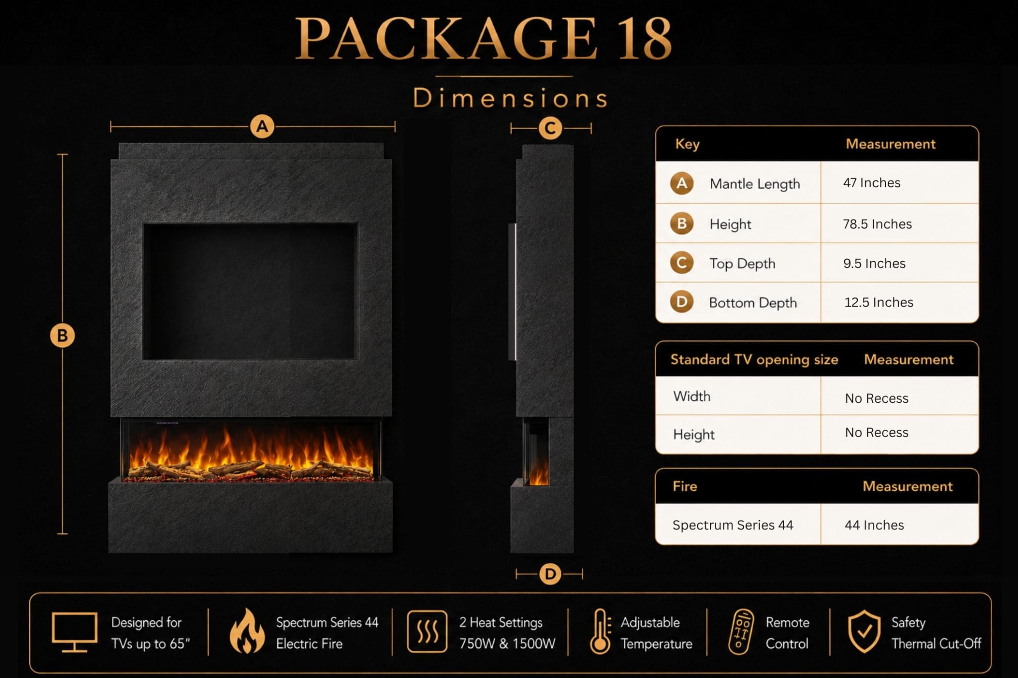 Package 18 media wall dimensions guide showing mantle length, height, depth, no TV recess design, Spectrum Series 44 inch electric fireplace and key features from Evolution Fires.