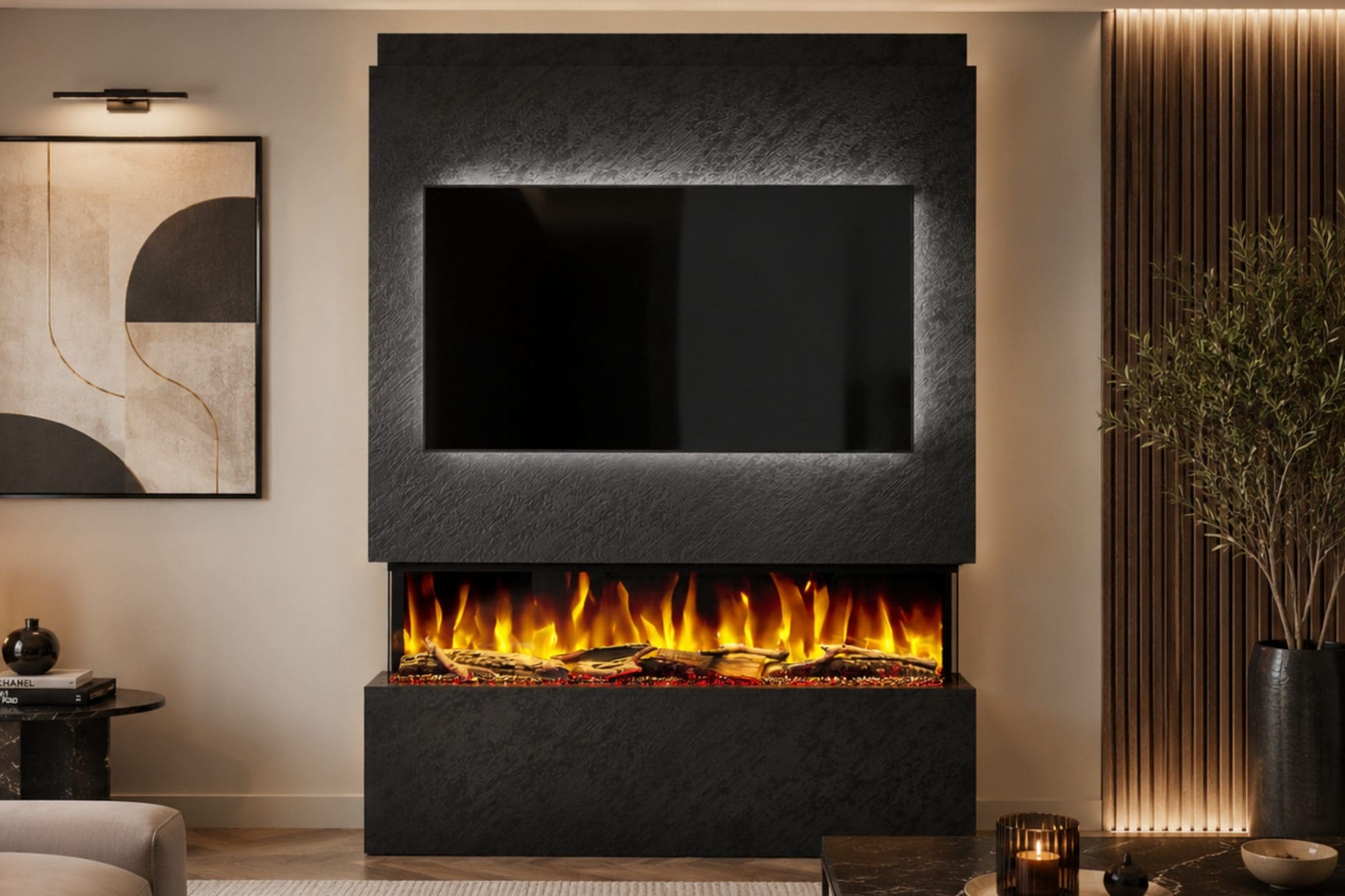Package 19 Black Stone pre-built media wall with 50 inch integrated electric fireplace and TV recess from Evolution Fires.