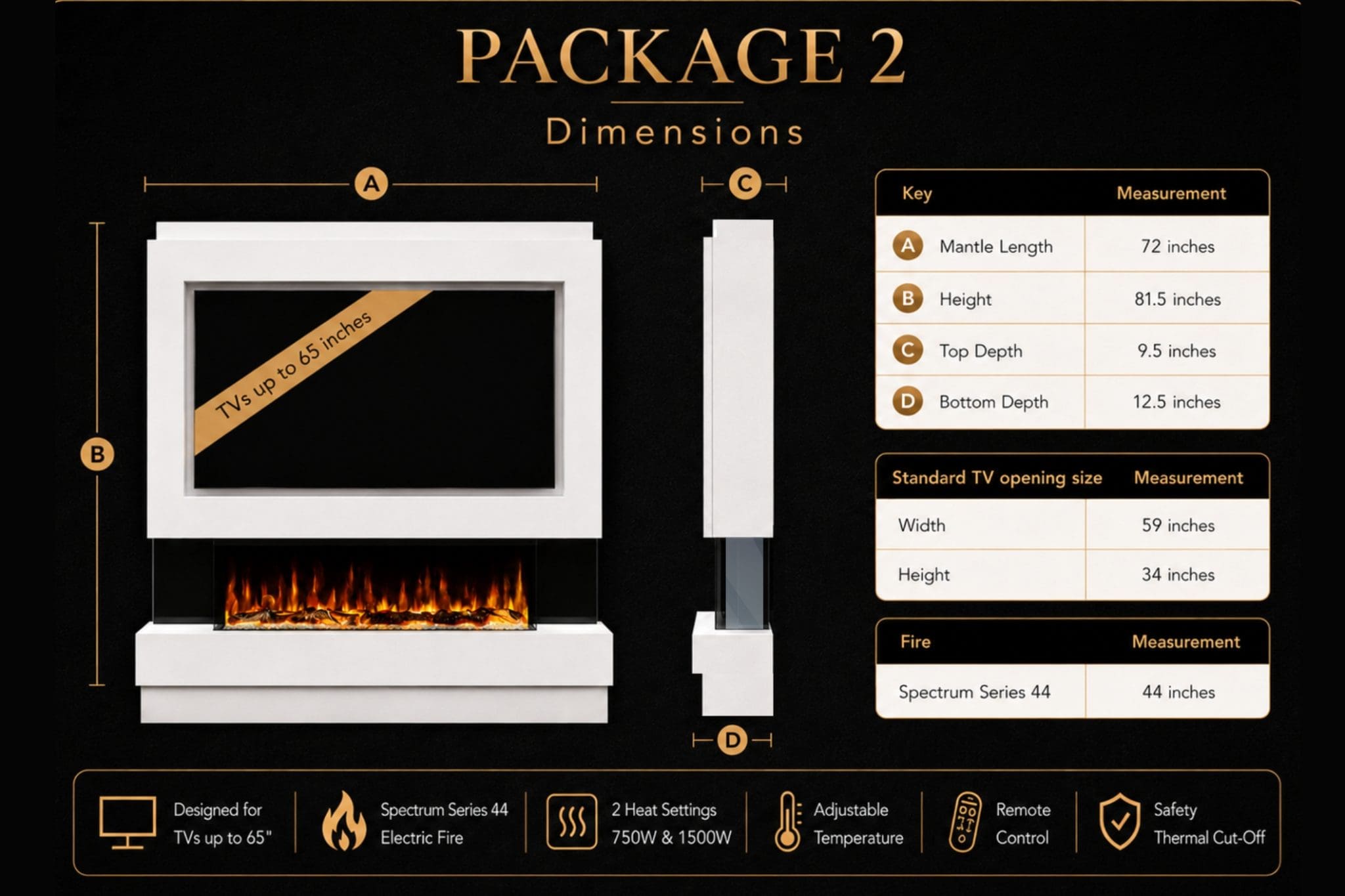 Package 2 media wall dimensions guide showing mantle length, height, TV opening, depth, Spectrum Series 44 inch electric fireplace and key features from Evolution Fires.