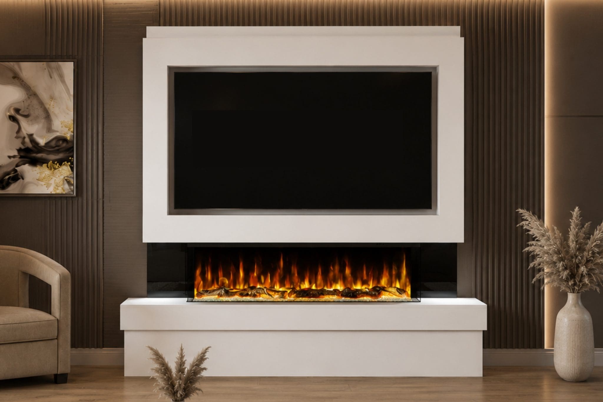 Package 2 White pre-built media wall with integrated electric fireplace and TV recess from Evolution Fires.