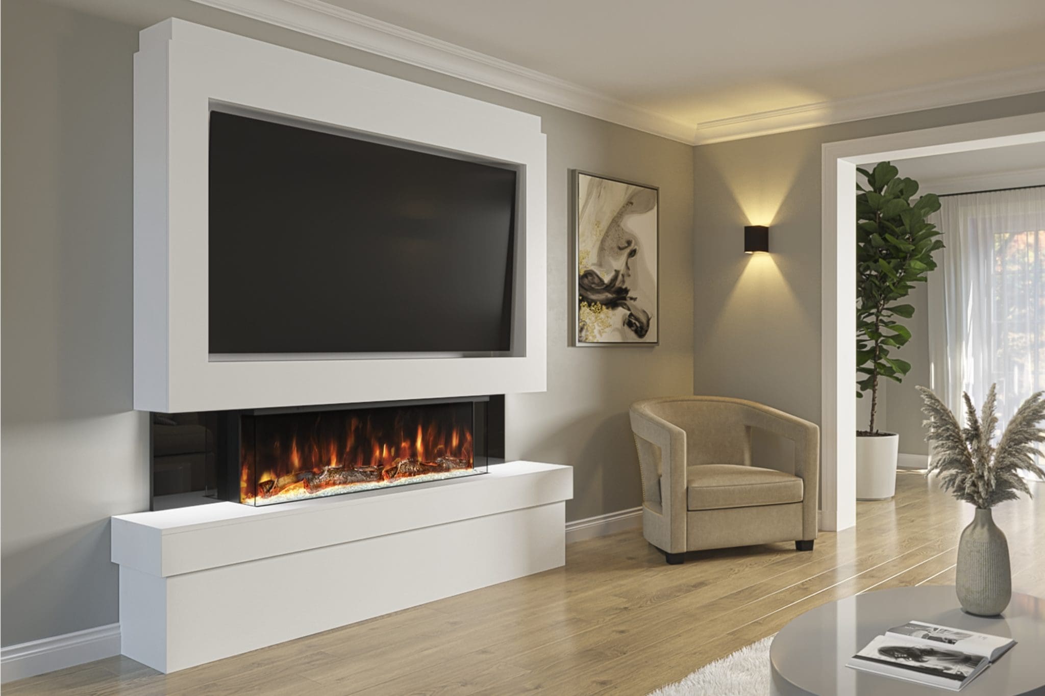 Package 2 White pre-built media wall with Black Gloss side tiles, integrated electric fireplace and TV recess from Evolution Fires.