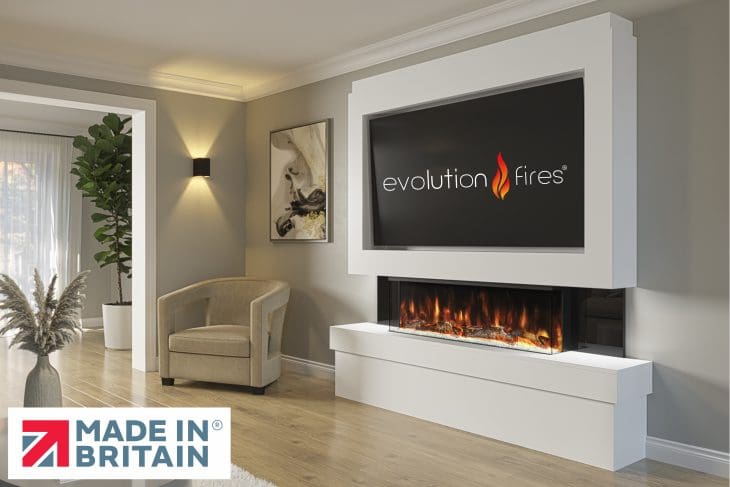 Package 2 pre-built media wall with electric fireplace – modern feature wall unit made in the UK by Evolution Fires