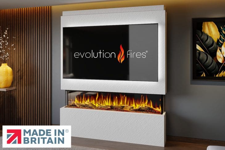 Package 20 pre-built media wall with electric fireplace – modern feature wall unit made in the UK by Evolution Fires