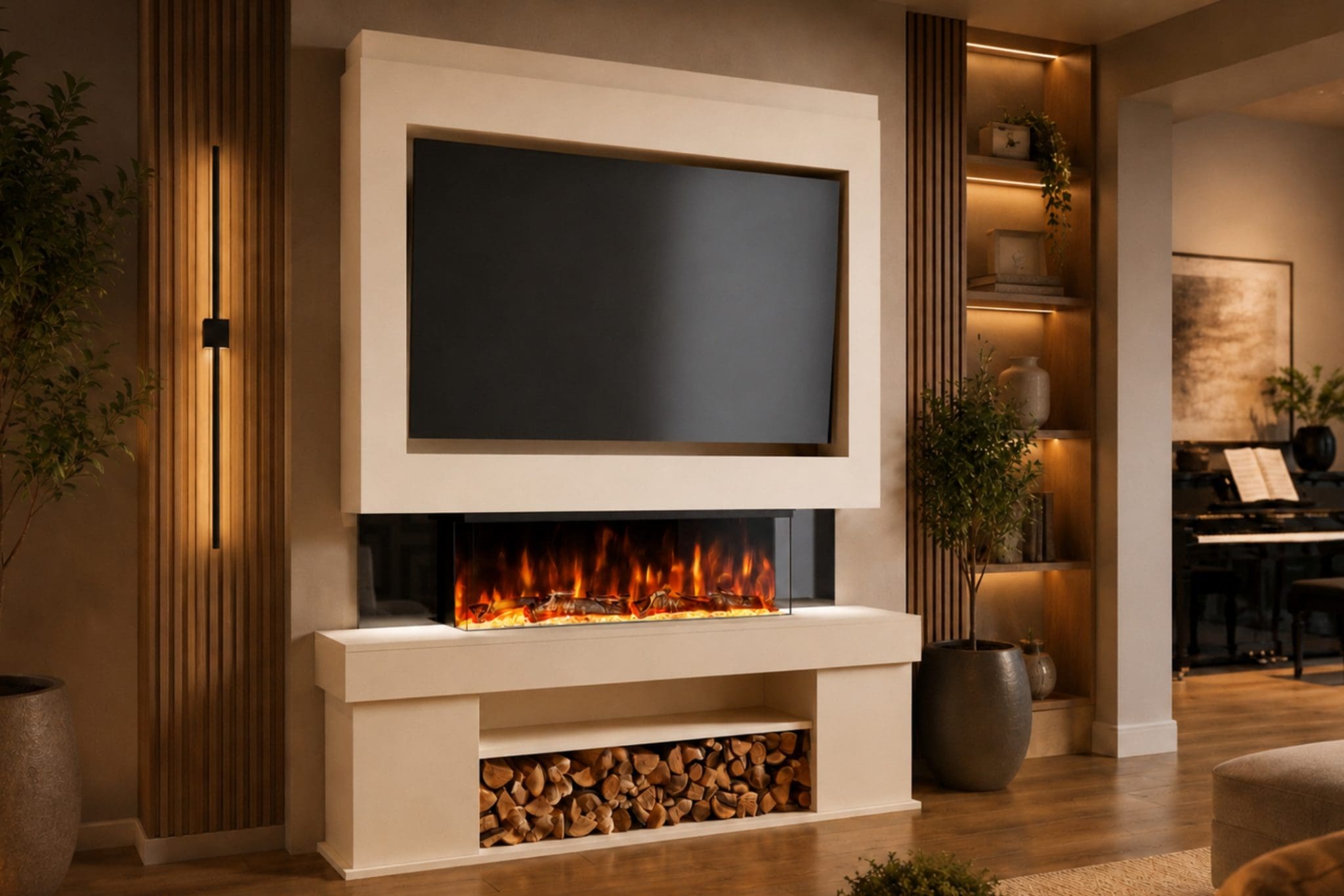 Package 3 Cream pre-built media wall with Black Gloss side panels, integrated electric fireplace, TV recess and lower log storage from Evolution Fires.