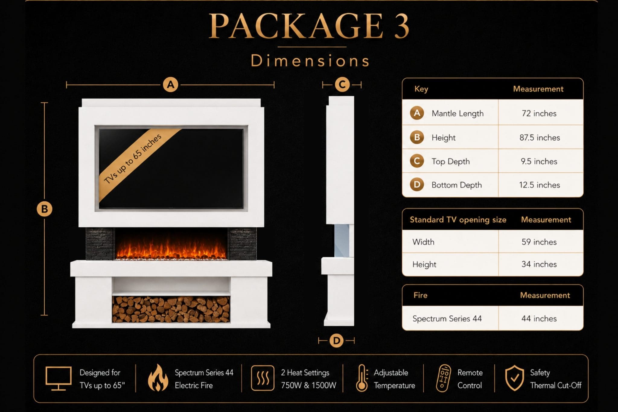 Package 3 media wall dimensions guide showing mantle length, height, TV opening, depth, Spectrum Series 44 inch electric fireplace and log storage from Evolution Fires.