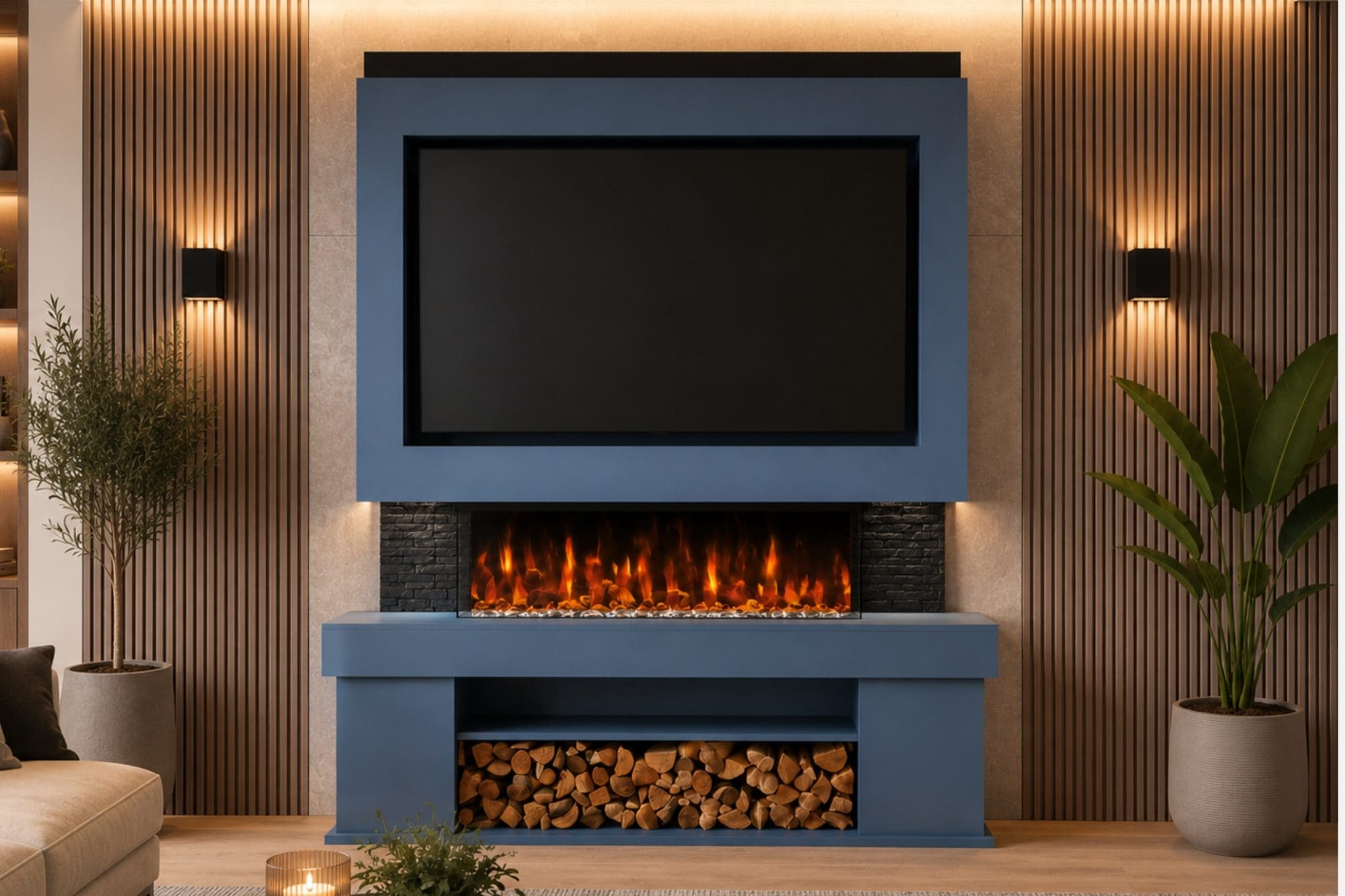 Package 3 Blue pre-built media wall with integrated electric fireplace, TV recess and log storage from Evolution Fires.
